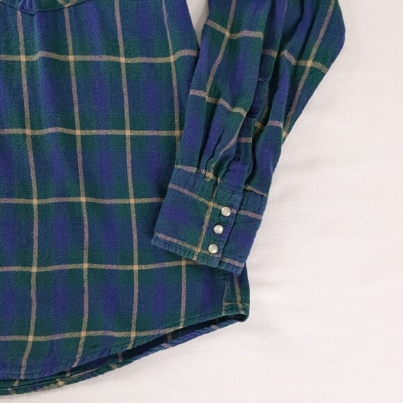 VTG Wrangler Wrancher Shirt Blue Green Plaid Pearl Snap Long Sleeve Shirt - Picture 2 of 7